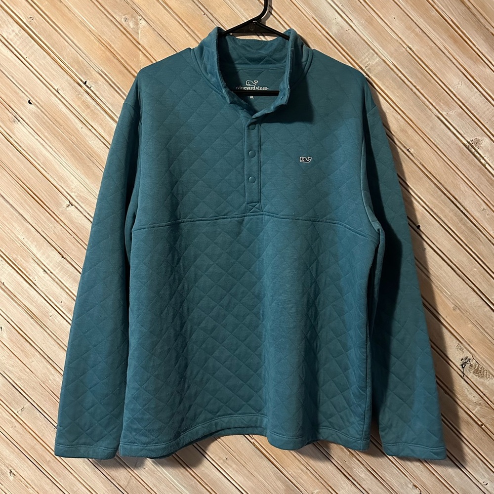 Vineyard Vines Women's Teal Blue Quilted Half Button Up Collared Sweater